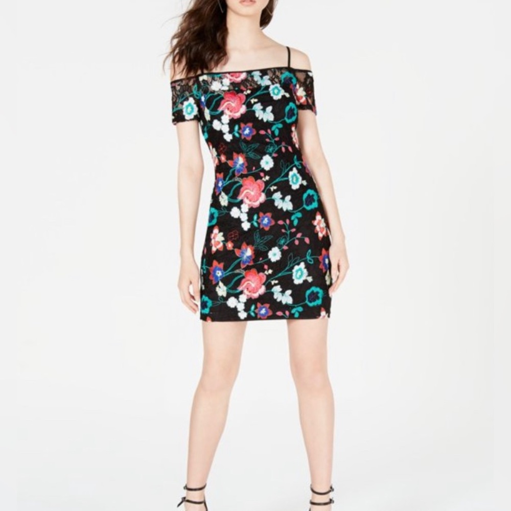 NWT Guess Embroidered Lace Black Floral Lined Dress
